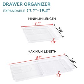 Oubonun Expandable Drawer Organizer 11.1” to 19.2” Width, Shallow Cosmetic Organizer 1.3” Height, 4 Packs, Clear Plastic Storage Trays for Dressing Table,Bathroom