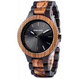 BOBO BIRD Men's Retro Zebra Wooden Watch, Large Size Quartz Watch with Black Face Wristwatch Best Gift