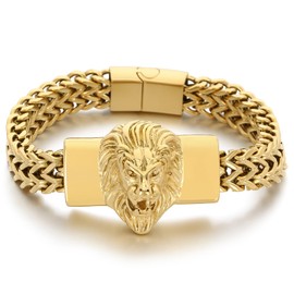 Klapgo Lion Head Men's Bracelet Gold Tone Stainless Steel Cuban Link Chain Punk Hip Hop Jewelry, Gift for Him