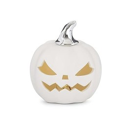 K&K Interiors White Ceramic LED Jack O Lantern Figurine, 3.75-inch Height, Porcelain, Table Decoration