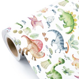 WRAPAHOLIC Dinosaur Baby Shower Wrapping Paper - Mini Roll - 17 Inch x 16.5 Feet - Green Plants and Cute Dinosaur Wrapping Paper for Baby Shower, Boys Birthday, Baptism Gift Wrap