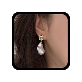 Allereya Vintage Baroque Pearl Drop Earrings Fireball Pearl Earrings Gold Pearl Dangle Earrings Hammered Square Stud Earrings Pearl Bridal Earrings Jewelry for Women