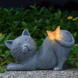 Cute Solar Cat Garden Statue with Lighted Butterfly, Outdoor Resin Cat Figurine, Waterproof Yard Lawn Patio Decoration, Solar Powered Garden Ornament and Gift for Cat Lovers