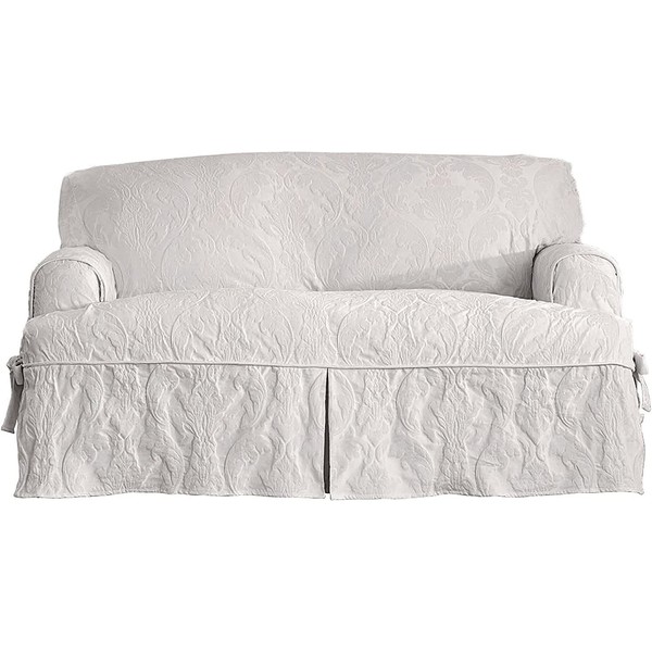 SureFit Matelasse Damask 1 Piece T-Cushion Kick Pleat Sofa Slipcover White