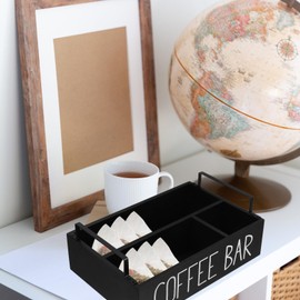 Cabilock Wooden Tea Bag Organizer - Coffee Station Organizer with Handle, Hot Tea Bag Storage 3 Compartments, Coffee Pod Holder Storage Basket for Sugar Packet, Sweeteners, Small Packets