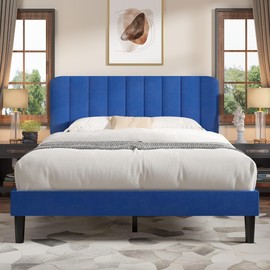 VECELO Full Size Bed Frame with Upholstered Headboard, Velvet Platform Bedframe Mattress Foundation, Strong Wood Slat Support, No Box Spring Needed,Blue