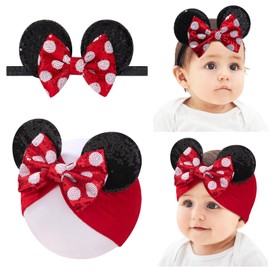 choicbaby Baby Girl Headbands Mouse Ears Headwrap with Sequin Polka Dot Bow Soft Stretchy Nylon Hair Bands for Newborn Infant Baby Toddler Girls- Pack of 2