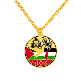 JunyiDIY Gold-Plated Palestinian Flag Necklace with Peace Dove & Al-Aqsa Mosque, Round Faith-Inspired Pendant for Men and Women, Symbol of Unity and Culture