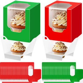 Sayglossy 50 Pcs Christmas Cupcake Boxes Individual with Insert Window 3.62 x 3.62 x 4.33 Inch Cupcake Containers for Xmas Muffin Dessert Single Cupcake Box Wedding Birthday Party Supplies