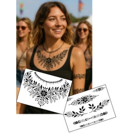 InkLace Black Floral Tattoo Set – 2x A5 Temporary Tattoo Sheets – Matching Festival Necklace & Bracelet Designs – Elegant Party Wear for Women by Inkwear