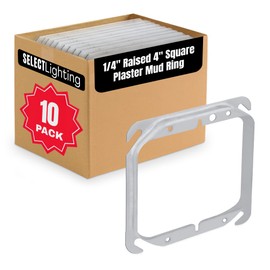 Select 10 Pack 1/4-Inch Raised 4-Inch Square (4S) Two Gang Plaster Ring with Angled Slots, Mud Ring for Wiring Connections, Housing Receptacles & Switches