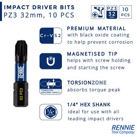 10 x Rennie Tools 32mm Long PZ3 Impact Screwdriver Driver Bits Set. Heavy Duty PoziDriv POZI No.3 Magnetic Screwdriver Bit Set. PZ3 Impact Driver Bits Pozidrive Screw Accessories.