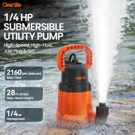 Cleartide Submersible Sump Pump, 1/4 HP Utility Water Pump for Pool Draining, Hot Tub, Basement,100% Copper Motor, Electric Drain Pump Handles 1/8" Solids, 10 FT Cord