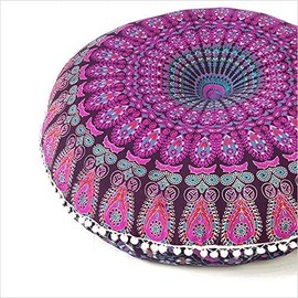 32" Mandala Large Floor Pillow Cover Meditation Cushion Seating Throw Hippie Round Colourful Decorative Bohemian Accent Boho Chic dog bed Indian Pouf Ottoman Handmade COVER ONLY (Peacock-Purple)