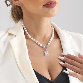 Gold Pearl Crystal Pendant Necklace for Women,Silver Pearl Beaded Large Square Rhinestone OT Clasp Choker Necklace Fashion Punk Necklace (Silver)