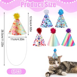 6Pcs Mini Party Hats for Stuffed Animals, Multi-Color Dog Birthday Hats Adjustable Cat Party Hat with Pompons, Small Party Hats for Kittens, Rabbits, Small Animals