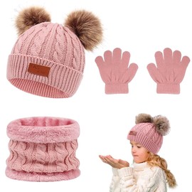 Casenly Children's Winter Hat Scarf Gloves Set, Pink Warm Winter Beanie Hat Gloves Scarf Set, Children's Hat Knitted Hat Scarf Gloves for 1-5 Years Boys Girls Children Pack of 3