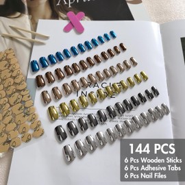 6 Packs Chrome Press On Nails Short Medium, KQueenest Acrylic Press On Nails Square, Short Fake Nails Press Ons, Metallic Glitter Glue on Nails Stick On Nails for Women Party Wear in 144 Pcs