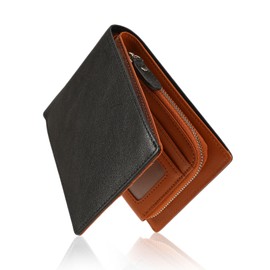 Aolis Men's Genuine Leather Wallet, Large Capacity, Multiple Compartments, 2-fold, Zipper Pocket, Transparent Photo Slot, Coin Purse for Men with Gift Box, black/brown