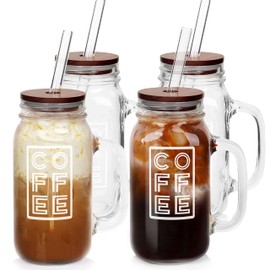 ANOTION Mason Jar Iced Coffee Cup with Handle, 24oz Regular Mouth Mason Jars with Lid and Straw Glass Coffee Drinking Glasses Tumbler Reusable Cups Bottles for Travel Office Home