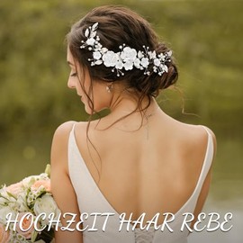 Kiiwah Bridal Flower Wedding Hair Vines Silver Crystal Headband and U-Shaped Pearl Hair Pins Flower Leaf Headpiece Bridal Hair Accessories for Women Girls