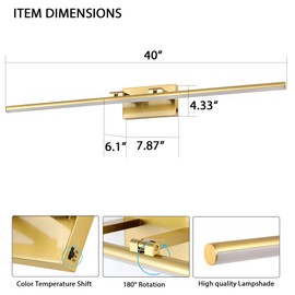 BrkNit LED Bathroom Vanity Light, Modern Bathroom Light Fixture Over Mirror (3000K/4000K/6000K, Dimmable), Vanity Light Bar with Angle Adjustable, 40 Inch, Brass