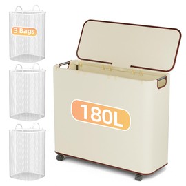 Yecaye 180L Laundry Basket With Lid and Removable 3 Bags, Large Rolling Laundry Hamper with Lid, 3 Section Rolling Clothes Storage With Wheels, Clothes Hamper with Wheels For Laundry Room, Beige