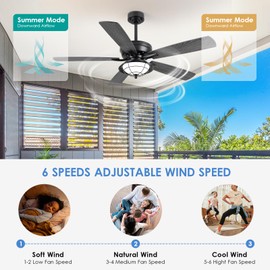 Asyko 52" Ceiling Fan with Lights and Remote - Indoor/Outdoor Ceiling Fans, Waterproof for Patios, Gazebos, and Backyards - Wet Rated, Quiet, 6-Speed, 3-Color Lighting, Farmhouse Modern Style