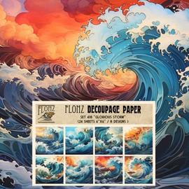 Decoupage Paper Pack (24 Sheets 6"x6") Glorious Storm # Vintage Styled Pattern Paper for Decoupage, Craft and Scrapbooking Great Wave Hokusai