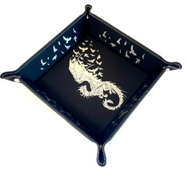 Dragon Crows Dice Tray DnD, Vegan Leather, Gift, Made by LaserTavern (Black/Silver)