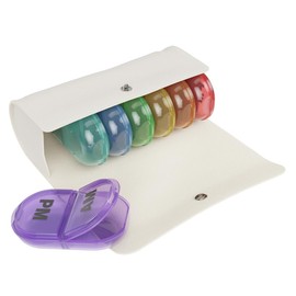 EZY DOSE - Estuche semanal para píldoras AM/PM (7 días), planificador de medicamentos, organizador de vitaminas, compartimentos emergentes, 2 veces al día, tapas de arco iris, incluye estuche crema,