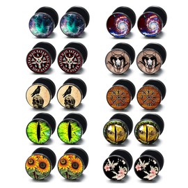 10 Pairs Stainless Steel Men Earrings Studs Fake Gauges Ear Piercing Plugs Tunnel Screw Design Eyeball Black Earrings Flat Back Stud Earring Set for Men Women (black 10 pairs)