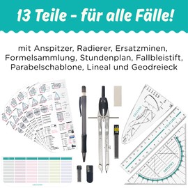 CALCUSO CALCUSO GEOMETRIE SET PRO in schwarzer Federmappe/Federmäppchen mit Zirkel und Geodreieck - Praktisches Mäppchen für Schule, Uni, Büro und Zeichnungen - Ideal als Geometrie-Set für die Schule