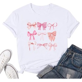 Womens Bow Shirt Pink Bow Ribbon T-Shirt Coquette Aesthetic Y2K Tee Tops-White M