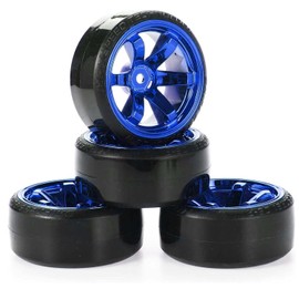 KINGCOO RC Drift Car Wheel and Tyre, 4 Pieces, 63 mm Hard Tyres, Plastic Rims for 1/10 On-Road Racing Drifting, Car Replacement Parts for HSP Tamiya HPI Kyosho (Blue)