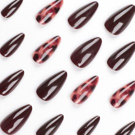 Medium Press on Nails Almond Fake Nails with Marble Designs Fall Nails Press ons Glossy Glue on Nails Brown Acrylic Nails Artificial Stick on Nails for Women 24Pcs
