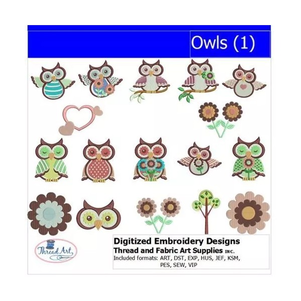 ThreadArt Embroidery Design Set - Owls(1) - 17 Designs -