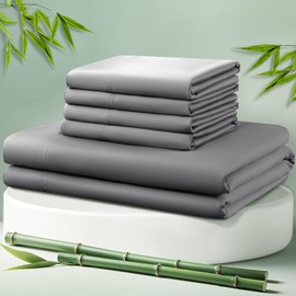 LBRO2M Cooling Bed Sheet 100% Viscose Derived from Bamboo Sheet Set Queen Size 6 Piece,16" Deep Pocket, 1800 TC Sheet Super Soft Silky Smooth,Breathable Cool (Queen Gray)