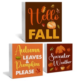 3 Pcs Hello Fall Wood Signs Decor Autumn Wood Block Signs Farmhouse Fall Pumpkins Leaves Pumpkin Please Wooden Box Signs Home Decorations for Kitchen Tiered Tray Desk Table Shelf