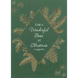 Designer Greetings Gold Foil Diamond, Pine Cones, Branches Holly and Snowflakes on Dark Green Christmas Card for Boss