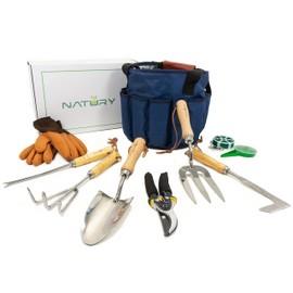 Natury Garden Tools Set – Premium Stainless Steel Gardening Hand Tools with Solid Beechwood Handle – Gardening Kit with Rake, Shovel, Gloves, Shears, Tool Organizer – Garden Gifts for Women and Men