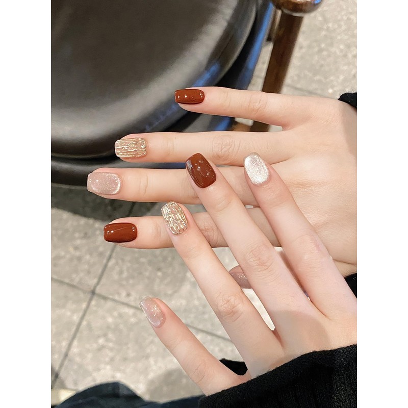BIBII Nails Handmade Nail Tip, Red Gold, 3D Nails, Short,