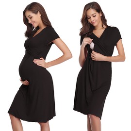 Irdcomps Women's Nursing Nightdress Cotton Nightdress Pregnant Maternity Nightdress Short Sleeve Birth Dress Maternity Dress Short Pregnancy Birth Breastfeeding Function S-XL, black