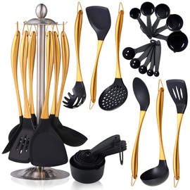 Silicone Cooking Utensils Set, 17pcs Kitchen Utensil Set with Rotatable Holder, Heat-Resistant Silicone Utensils for Cooking, Non-Stick Spatula Set with Stainless Steel Handle,Turner,Ladle (Gold)
