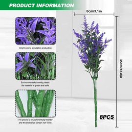 Artificial Lavender Flowers, 8 Bundles Fake Decorative Flowers Outdoor Artificial Lavender Plant Bouquet Plastic Faux Flower for Garden