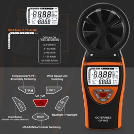 Handheld Wind Gauge Digital Anemometer 0.3~30m/s Wind Speed Meter GR-8808, Temperature for Navigation, Sailing Competition, Various Fan Manufacturing Industries, Data Storage