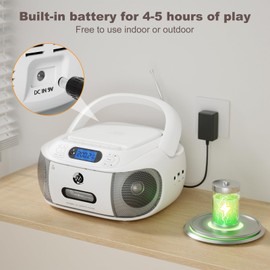 CD Cassette Player Combo, Hernpark Rechargeable Boombox with Bluetooth 5.1, CD Player with Remote Control, Tape Recording, FM Radio, Super Bass, Stereo Sound, Aux/USB Drive, Headphones Jack -White