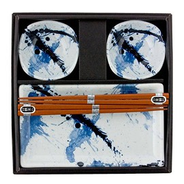 MIYA Blue Splash Sushi Plates for 2 - Modern Ceramic Glazed Rectangular Sushi Plates