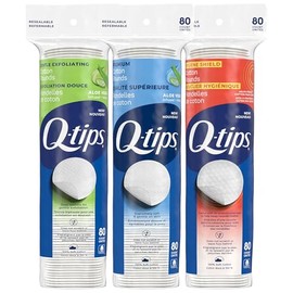 Q-tips Cotton Rounds - Paquete variado de 3 unidades (80 unidades Ea), escudo higiénico, exfoliante y de primera calidad, para el hogar, primeros auxilios y belleza, ecológico