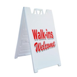 A-Frame Sidewalk Walk-ins Welcome 24" x 36" Double Sided A-Frame Sidewalk Sign, Includes 2 Installed Vinyl Decals | Foldable Portable White Signicade Sandwich Board Signs